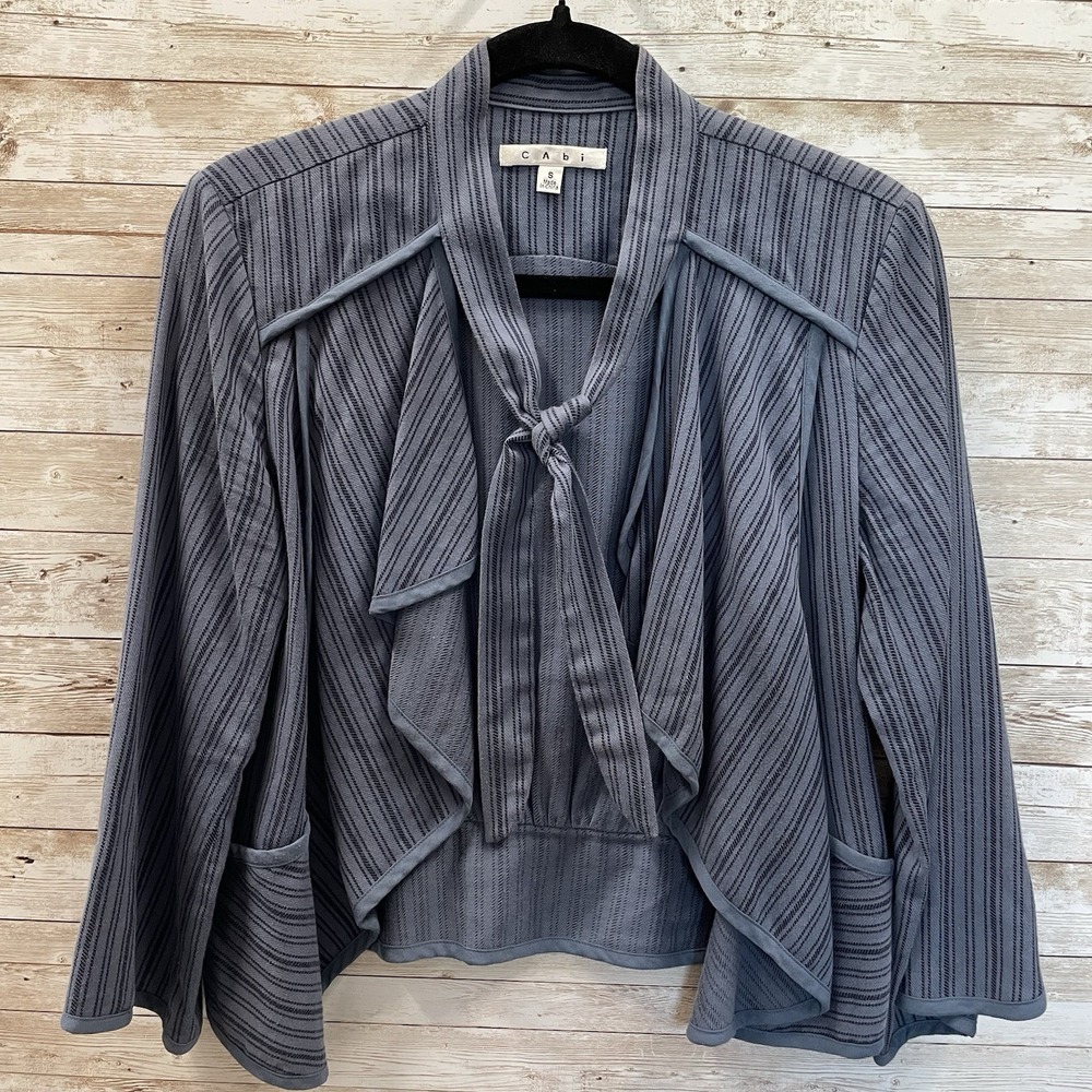 CAbi Womens S Cardigan Jacket #870 Cascade Blue Striped Open Front 3/4 Sleeve‎